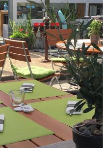 Hotel Restaurant Am Kellhof في سينجين: طاولة خضراء مع نبات على الفناء