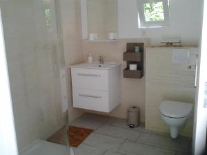 a bathroom with a toilet and a sink and a shower at Les nids des falaises in Saint-Jouin-Bruneval