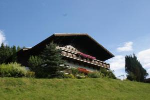 a house on a hill with flowers on the balcony at Pension Chalet Bergseegut in Wagrain