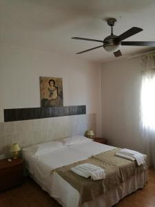 1 dormitorio con 1 cama y ventilador de techo en La Casa Di Olga, en Matera