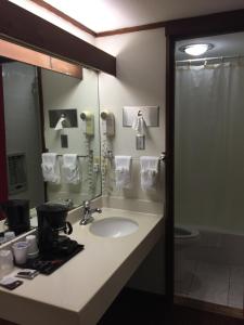 a bathroom with a sink and a toilet and a mirror at North King Motel in Northampton
