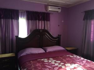 ein Schlafzimmer mit einem Bett mit lila Wänden und einem Fenster in der Unterkunft Montgomery Brother Estate in Natrina