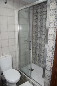 a bathroom with a toilet and a glass shower at Teatro Rojas in Toledo