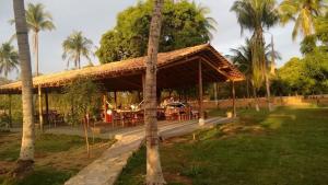 a pavilion with a table in a park with palm trees at Pousada Portal do Peruaçu in Januária