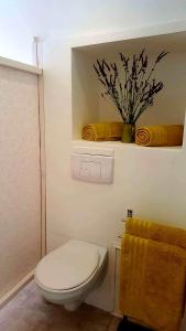 a bathroom with a toilet and a yellow towel at Forcal in Forcalquier