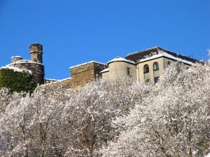 una vecchia fabbrica con alberi di fronte di Stirling Youth Hostel a Stirling