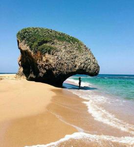 a person standing under a large rock on the beach at Walk to the Beach 2Min, Cozy, Boutique, Pool, Palmeras Del Mar Isabela in Isabela