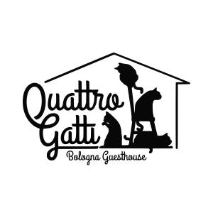 una ilustración de un hombre con un paraguas y gatos en una casa en I 4 Gatti, en Bolonia