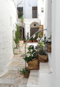 a walkway with potted plants on the side of a building at Casa Mario in Cisternino