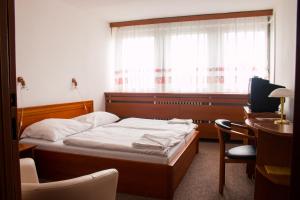 Schlafzimmer mit einem Bett, einem Schreibtisch und einem Fenster in der Unterkunft Hotel Druzba in Michalovce