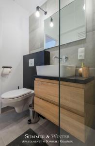 グダニスクにあるFamily Luxury Green Apartment 1-6, 2 sypialnie i studio, 52 m2のバスルーム(洗面台、トイレ付)