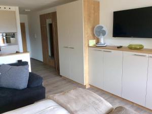 un salon avec un canapé et une télévision à écran plat dans l'établissement Studio Hanna, à Kaprun