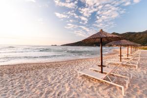 a row of beach chairs and umbrellas on a beach at Alexandra Golden Boutique Hotel-Adults Only in Chrysi Ammoudia