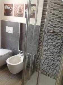 a bathroom with a shower and a toilet and a sink at Appartamento Elisa 50m Trenino Rosso in Tirano