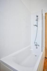 a white bath tub with a shower in a bathroom at Comely Bank Apartment in Edinburgh