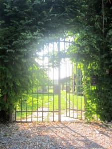 Una puerta con hiedra creciendo alrededor de ella en un parque en La Finestra sul Fiume, en Valeggio sul Mincio