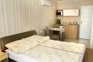 a small room with a bed and a kitchen at Csilla apartman in Hajdúszoboszló
