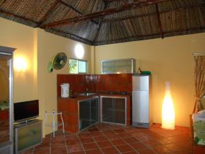 a kitchen with a refrigerator and a tv in a room at Thuy - Gunter Garden Bungalow in Mui Ne +50 photos