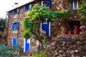 a stone house with blue doors and a tree at Casinhas do Ceira in Ponte de Fajão