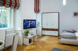 ein Schlafzimmer mit einem Bett und einem TV in der Unterkunft Modern Apartment Všehrdova in Prag