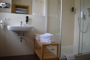 a bathroom with a sink and a glass shower at Hotel Daimerwirt in Moosinning