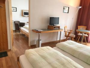 a hotel room with a bed and a desk with a television at Hotel Schöntal in Filisur