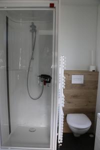 y baño con ducha y aseo. en Stadscamping Zeeland en Middelburg