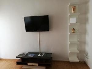 sala de estar con TV de pantalla plana en la pared en La Casa Di Olga, en Matera