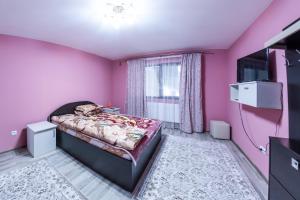 a bedroom with a bed and a pink wall at Conacul lui Bulică in Novaci-Străini