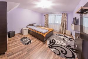 a small bedroom with a bed and a television at Conacul lui Bulică in Novaci-Străini +78 photos
