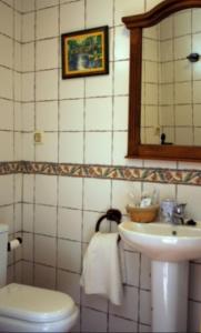 y baño con lavabo, aseo y espejo. en Casa Ribera de Cazorla, en Cazorla