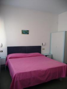 een slaapkamer met een roze bed en een roze deken bij Meublè Andrea Doria in Torre del Lago Puccini