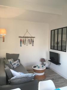 a living room with a couch and a tv at Appartement Côté Bassin in Andernos-les-Bains