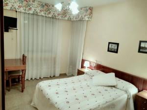 a bedroom with a bed and a desk and a window at Hostal Mayo in O Barco de Valdeorras