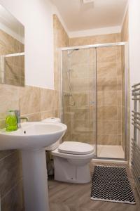 a bathroom with a shower and a toilet and a sink at The Retreat at Plover Cottage Lindley in Huddersfield