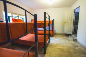 Camera con 3 letti a castello e lenzuola arancioni. di Oasis Hostel a Puerto Vallarta