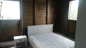 a small bedroom with a bed and two windows at Les Alizés du Nord in Anse-Bertrand