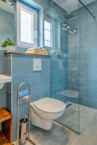 a bathroom with a toilet and a glass shower at Beach House Lana in Slatine +20 photos