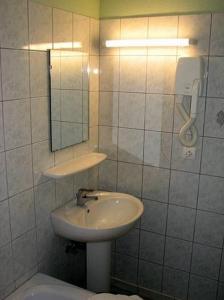 ein Bad mit einem Waschbecken und einem Spiegel in der Unterkunft Le Soleil in Wildenstein