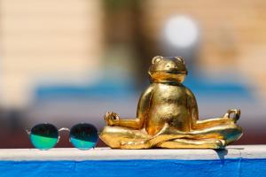 a statue of a frog sitting in meditation with two glasses at Alexandra Golden Boutique Hotel-Adults Only in Chrysi Ammoudia