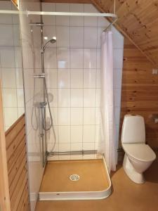 een douche in een badkamer met een toilet en een douchegordijn bij Stugby Ullared Paradise in Ullared