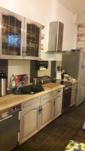 una cocina con fregadero y encimera en Haus am Sachsenring, en Hohenstein-Ernstthal
