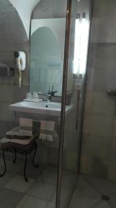 a bathroom with a sink and a shower with a mirror at Estudio Bizcocheros in Jerez de la Frontera