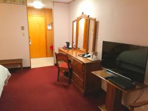 a room with a bed, chair, desk and television at Laurie's Motor Inn in Chéticamp
