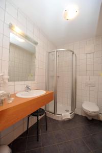 a bathroom with a sink and a shower and a toilet at Wellness Pension Waldhof in Sankt Georgen