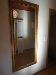 an der Wand hängt ein Spiegel mit einem Kühlschrank in der Unterkunft Ferienwohnung Himmel und Hölle in Freiberg