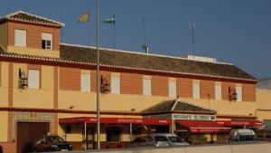 un grand bâtiment avec des voitures garées devant lui dans l'établissement Hotel Chamizo, à El Arahal