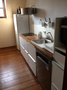 eine Küche mit einer Spüle und einem Kühlschrank in der Unterkunft CHAPEAUVEAU Gîte - b&b - Events in Helecine