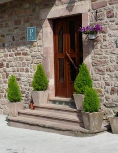 a brick building with a wooden door and potted plants at Hostal Gogar in Puentenansa