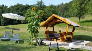 a barbecue grill and a sunflower in a field at Ferienhaus Dreiländereck in Minihof Liebau